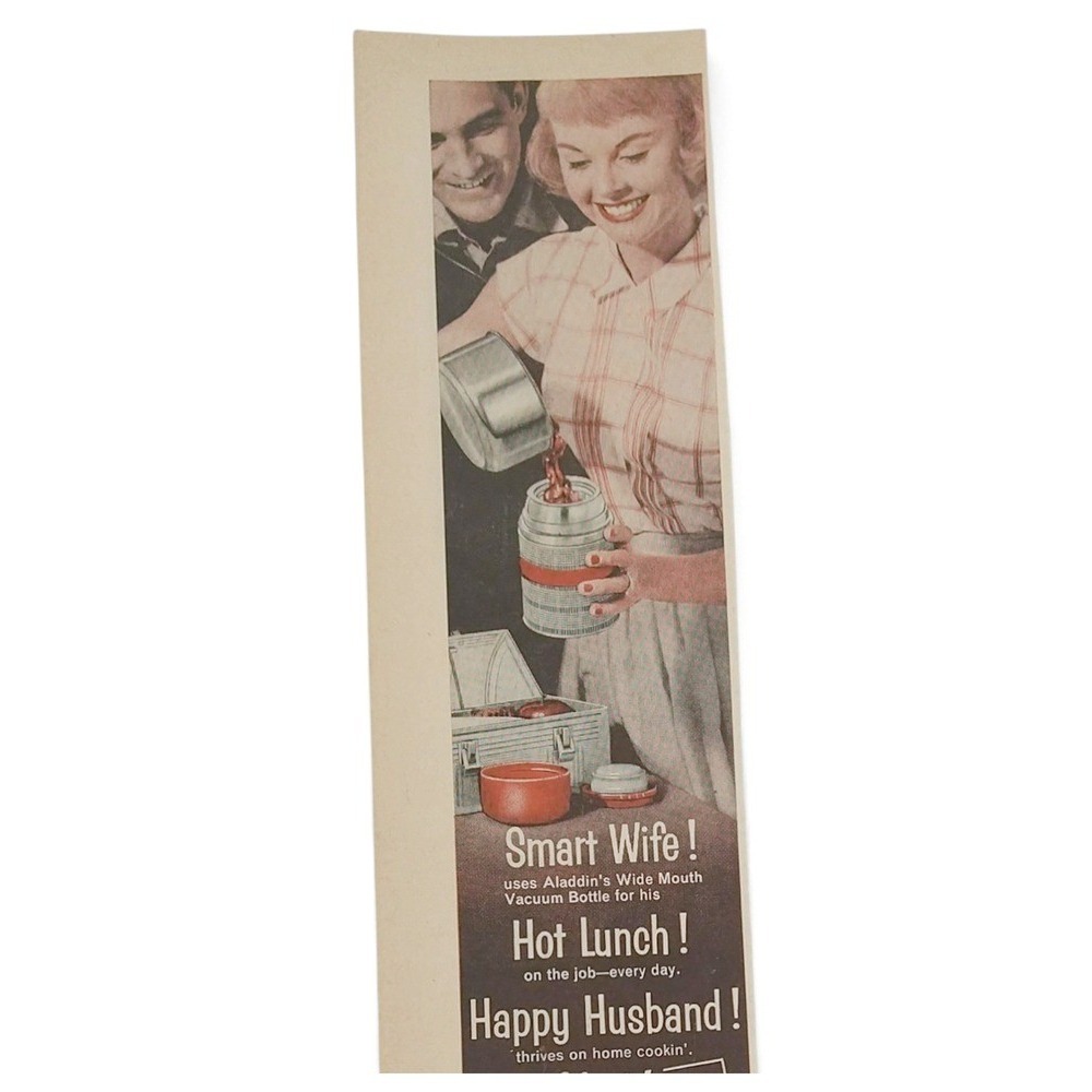 1958 Aladdin Print Ad "Smart Wife / Happy Husband" Wide Mouth Thermos Red Black
